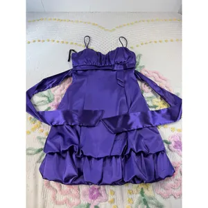 Rory vtg USA Purple Satin Bubble Hem Cocktail Dress Sweetheart‎ Back Bow Mini 6 thumbnail 3