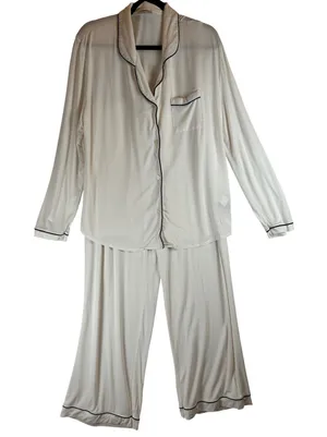 Comfrt Pajama Set Womens XL Cream White Black Piping Long Sleeve Wide Leg‎ Pants thumbnail 1