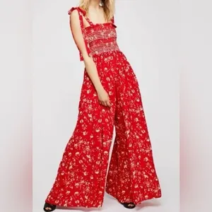 Free People Color Colour‎ My World Jumpsuit Red Floral Beige READ PLEASE Pants thumbnail 2