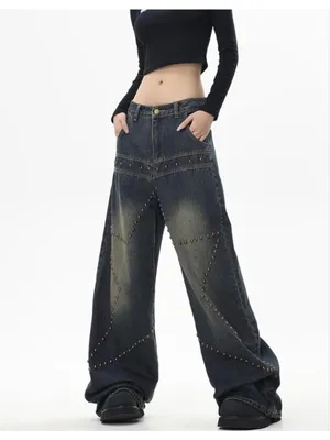 NEW Street Fashion Loose Jeans Y2k Rivet Star Gothic Loose Denim XS thumbnail 9