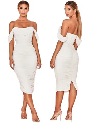 House of CB Carlotta Ruched Draped Chiffon Dress Womens XS Ivory Formal Cocktail thumbnail 2