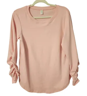 Anyproud Women Soft Long Sleeve Top Pink Ruched Cuff‎ Crew Neck Lagenlook, Small thumbnail 1