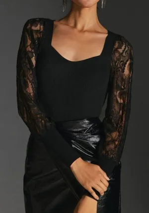 Anthropologie Black Lace-Sleeve Sweater‎ Ribbed Knit Top thumbnail 1