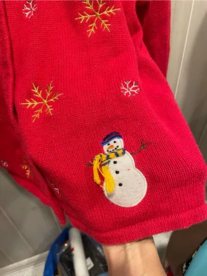 Cute cherry red holiday winter snowman 90s cotton blend cardigan sweater thumbnail 4