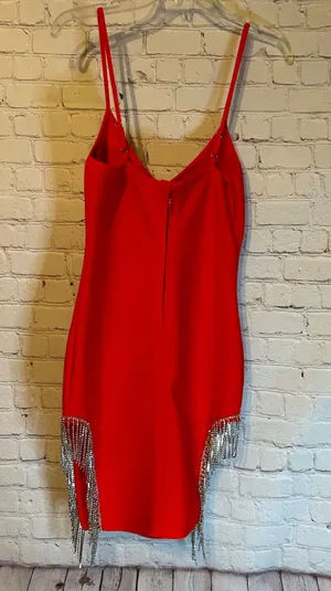 Red Bandage Dress With Rhinestone Fringe thumbnail 4