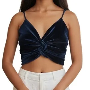 LUCY IN THE SKY Blue Velvet Spaghetti Strap Crop Top EUC Size‎ Small thumbnail 1