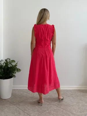 NWT Maggy London Coral Eyelet Midi Dress Size 6 Ruffle V-Neck thumbnail 3