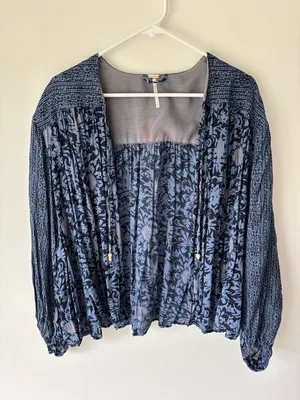 Free People Blue Floral Tie Front Cardigan Ballon Sleeve Boho Peasant Multiprint thumbnail 1