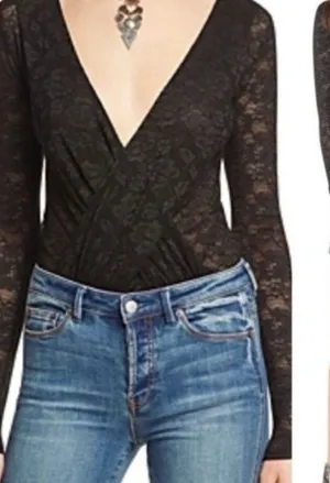 INTIMATELY FREE PEOPLE Women's Size XS Black V Neck Lace Bodysuit Top Vampy Goth thumbnail 1