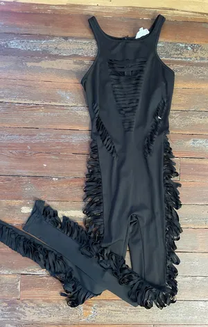 Shane Justin Black Fringe Cutout Bodysuit Runway Catsuit Size M thumbnail 1