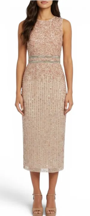 Mac Duggal Nude‎ Champagne Beaded Sequin Midi Sheath Cocktail Dress NWT Sz 8 thumbnail 1