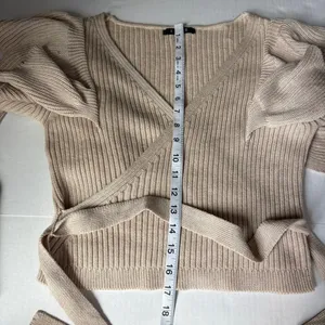 FORE Wrap long sleeve ruffle ribbed knit Sweater Tan Size M thumbnail 11