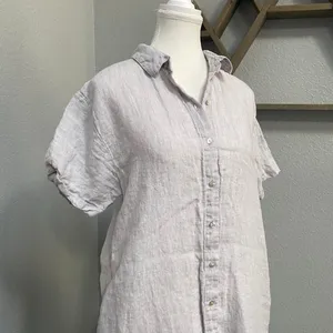 C&C California Light Grey Purple Button Up Dress Short Sleeve Linen Pockets thumbnail 2