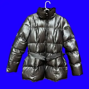 Lauren Ralph Lauren Womens M Gray Silver Belted Down Puffer Jacket Shiny thumbnail 2