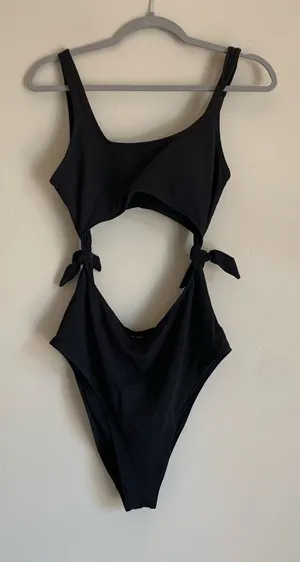 aerie Black Cutout One-Piece Swimsuit Women Size Large Long Swim Summer thumbnail 1