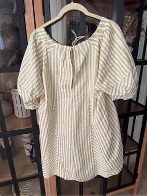 Amazon Bop Around Romper Striped Loose Puff short Sleeve beige tie front bow thumbnail 4