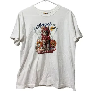 Angel In Disguise Women Cat Halloween T Shirt White Size Large Cotton Kitty‎ thumbnail 1