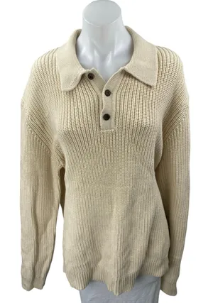 NEW Quince Women's Cream Chunky Rib Knit Collar Long Sleeve Polo Sweater Top XL thumbnail 1