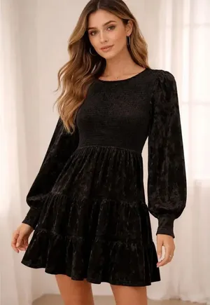 Baltic Born Kele Black Smocked Velvet Mini Dress Size XL thumbnail 1