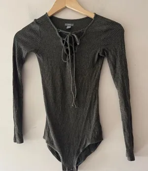 Aerie Ribbed‎ Olive Green Lace Up Long Sleeve Bodysuit thumbnail 1