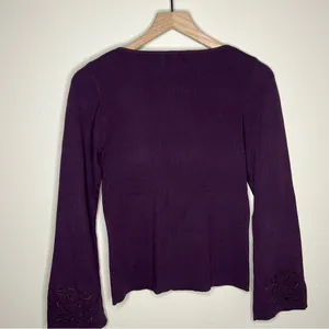 Worthington Mulberry Stretch Ribbed Knit Embroidered‎ Flare Sleeve Keyhole Top thumbnail 9