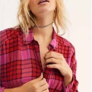 Valentines Free People Pink and Red Plaid Blouse thumbnail 2