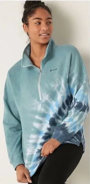 PINK Women's XS 1/4 Zip Tie Dye Sweatshirt Blue Gray Loungewear Oversized Comfy‎ thumbnail 1