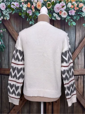 LA MEIL Knit Sweater Women’s Size Small Fair Isle Boho Pullover Cream Gray New thumbnail 4
