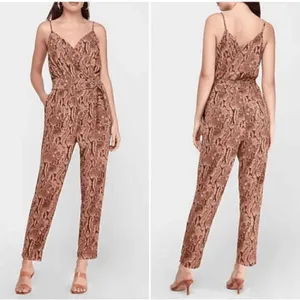 Express Brown Tan Snakeskin Print Belted Wrap Stretchy Jumpsuit Large‎ thumbnail 11