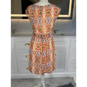 As You Wish Shift Dress Womens L Orange Abstract Print Chiffon Lined Cap Sleeve thumbnail 4
