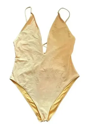 Yellow Beachy Cut Out Plunge One Piece Adjustable Straps Swimming Suit Sz M/L thumbnail 1