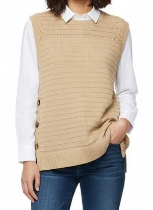 Chico's Beige Taupe Cotton Linen Sweater Vest 3 XL Side Button Layers‎ Preppy thumbnail 1