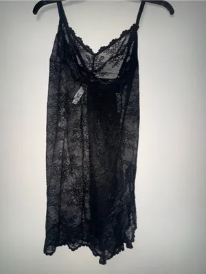 Auden Black Sheer Floral Lace Chemise with Scalloped Edge thumbnail 3