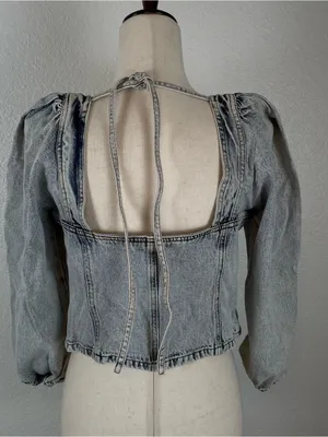 VENUS‎ *Y2K Denim Corset Bustier Crop Top Women’s XL Zip Puff Sleeve Acid Wash thumbnail 5