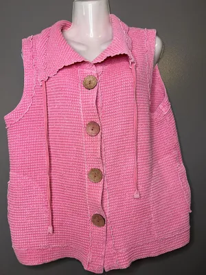 Focus Vest Womens Large Pink Cotton Knit Button Front Pockets Ruffle Collared thumbnail 2