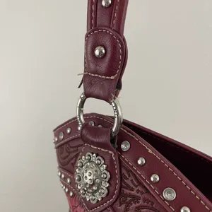Y2K Red Burgundy Faux Tooled Leather Western Studded Shoulder Bag thumbnail 6