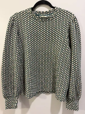 Maeve for Anthropologie Geo Patterned Textured Balloon Sleeve Sweater Green and Cream thumbnail 1