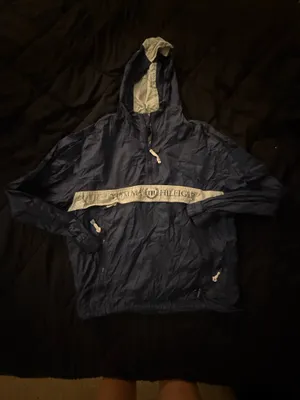 {TOMMY HILFIGER} Vintage Navy Blue Hooded Anorak Pullover Spellout Windbreaker thumbnail 1