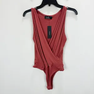 Lulus Staying Basic Marsala Faux Wrap Sleeveless Bodysuit Stretch Jersey M NWT thumbnail 6