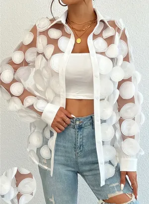 White Sheer Mesh 3D Applique Floral Button Down Blouse Long Sleeve Top M thumbnail 1