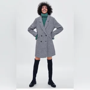 ZARA Women's Black and White wool Houndstooth‎ Coat cuffed sleeves size medium thumbnail 2