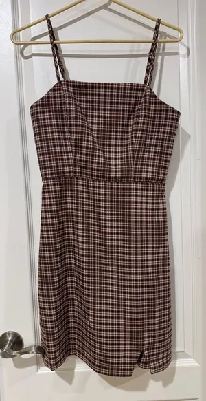 GB girls Brown Plaid Spaghetti-Strap Mini Dress with Subtle Cream Lines / AA43 thumbnail 1