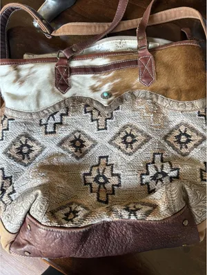 Myra Bag Large Woven Tote Bag with Leather Trim and Turquoise Concho thumbnail 2
