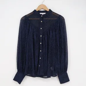 Olivaceous Navy Blue Metallic Pleated Mock Neck Blouse Rose Buttons S thumbnail 2