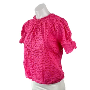 J,Crew Women's Pink Embroidered Eyelet Short Puff Sleeve Mock Neck Blouse Top S thumbnail 2
