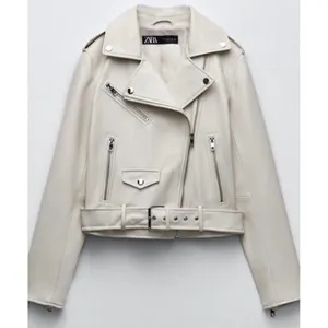 Zara Basic Womens Faux‎ Suede Biker Moto Jacket Sand Beige Belted XS thumbnail 2