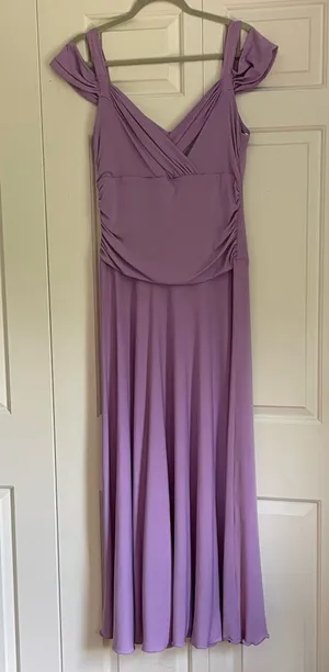 Evanese Lavender Maxi Dress L Off Shoulder Ruched Formal Evening Made USA thumbnail 1