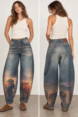 VBRT [XPT894] Long Horn Digital Horse Print Baggy Barrel Jeans NWT Size Small thumbnail 2