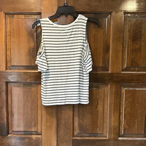 American Eagle Top Shirt‎ Cold Shoulder Size Large Ribbed Stripes Black White thumbnail 3