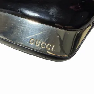 Gucci Black Patent Leather Gold‎ Platform Peep Toe Heels 9.5B Made in Italy thumbnail 8